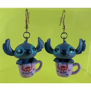 DISNEY STITCH THE ALIEN COFFEE CUP DANGLE FIGURAL FASHION STATEMENT EARRINGS